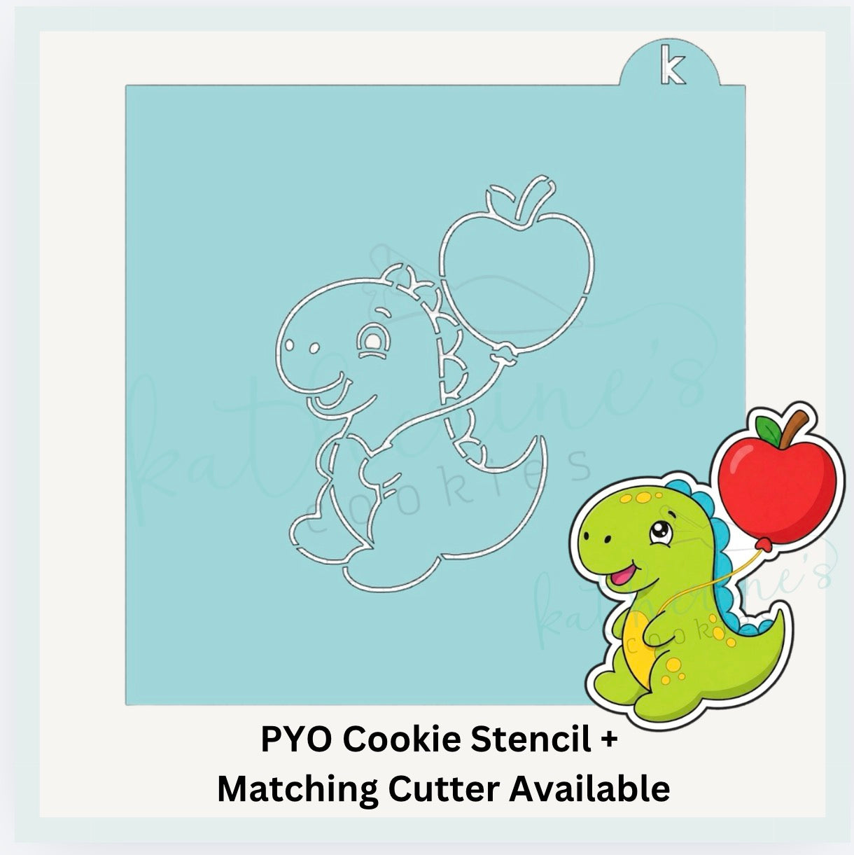 Dino with Apple Balloon PYO Cookie Stencil + Optional Matching Cookie Cutter